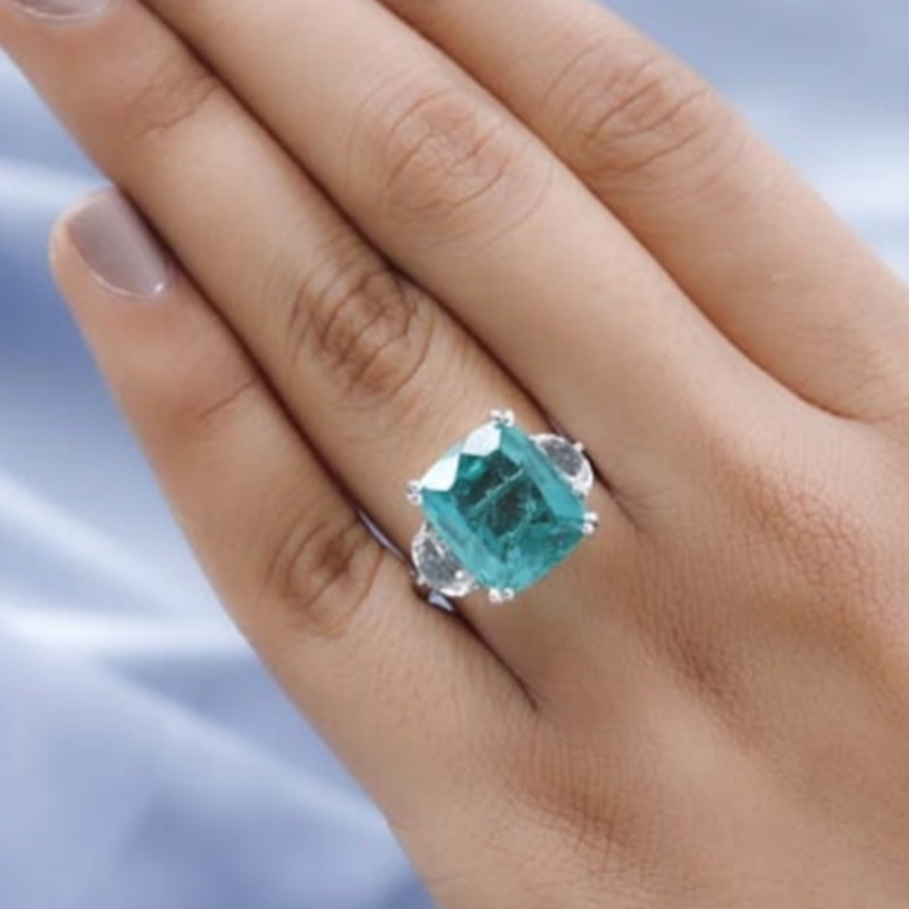 Genuine Emeraldine Quartz & White Topaz Ring Platinum over Sterling Silv… - Picture 3 of 7